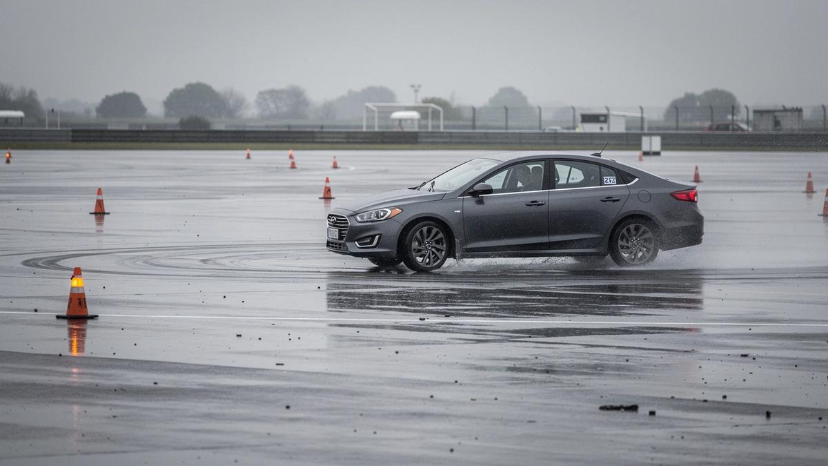 Training car braking on a watered skid pad at a closed private course